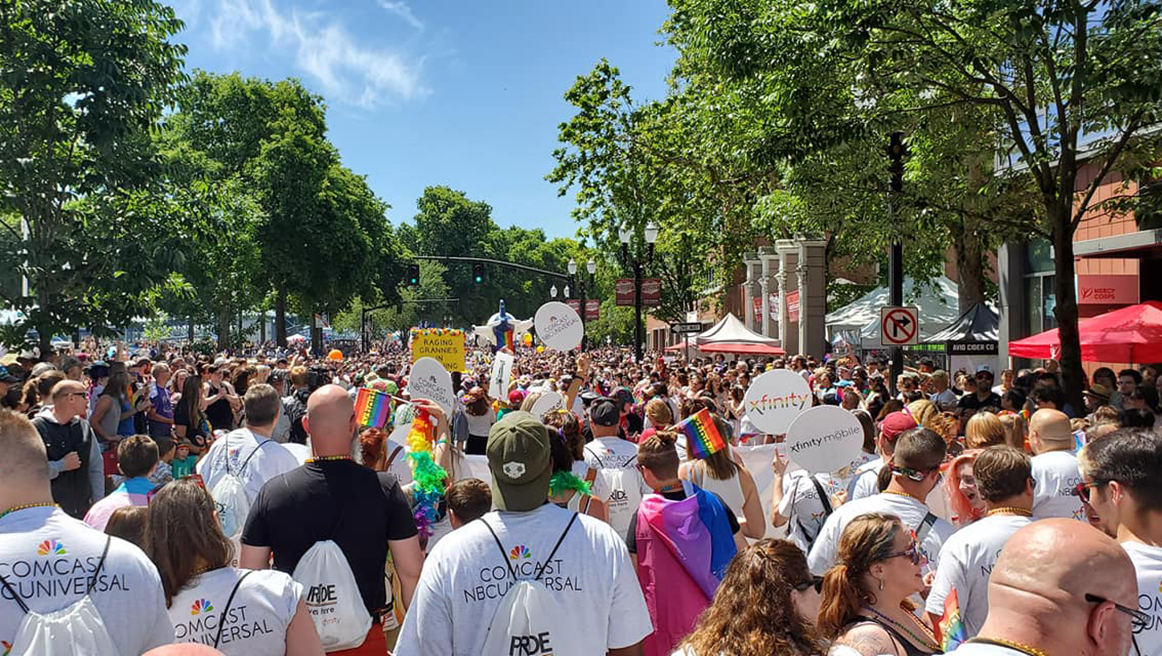 A crowd of participants in Portland's pride parade.